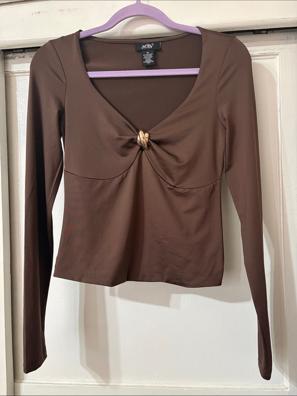 JustFab Chocolate Brown Long-Sleeve Twist-Front Top with Gold Accent